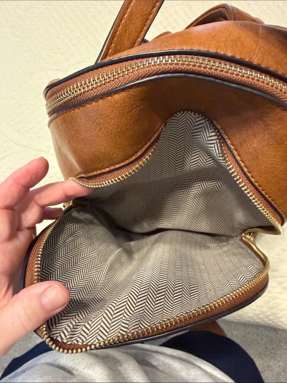 Men's Tan Leatherette Backpack with Braided Trim